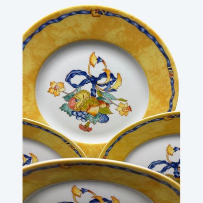 6 piatti Bernardaud Limoges Borghese con decorazione gialla a frutta e nastro blu