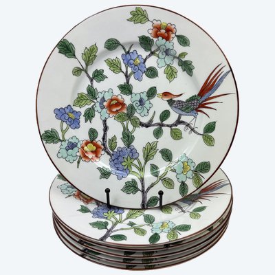 6 Porcelaine de Paris plates for Tiffany & Co., hand-painted with birds and peonies