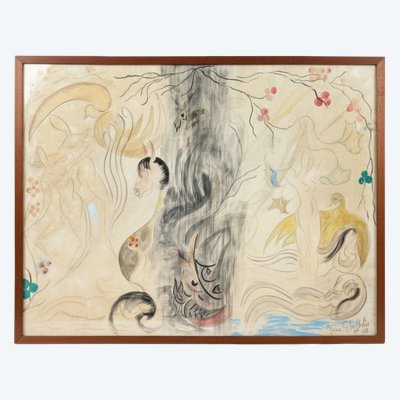 Peinture ésotérique de Marie Gosselin "les émules de Philémon et Baucis" 1962