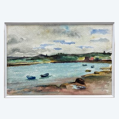 Aquarelle Marine, Barques Dans Une Baie