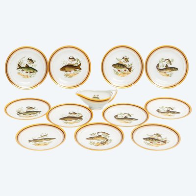 Piatti in porcellana con decorazione “Pesce della salsiera” di Limoges, anni ’80, set da 13 pezzi