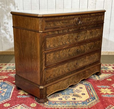 Comò in stile Napoleone III in mogano, rovere e piano in marmo bianco, fine XIX secolo