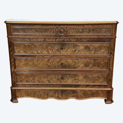 Comò in stile Napoleone III in mogano, rovere e piano in marmo bianco, fine XIX secolo