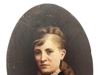 PORTRAIT de FEMME 1890  Peinture Ancienne sur Panneau Bois Ovale 10x14cms COLLECTION