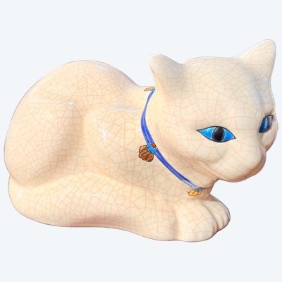 Manufacture Longwy sculpture Chat couché émaillé 
