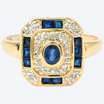 Bague vintage or jaune 18 carats – Saphirs bleus calibrés et diamants