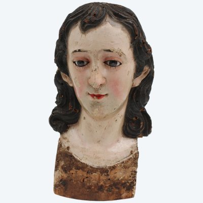 Skulptur: Polychrome Holzbüste mit Glasaugen 