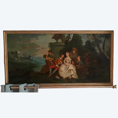 18th century overdoor, gallant scene in a park, formerly enlarged.