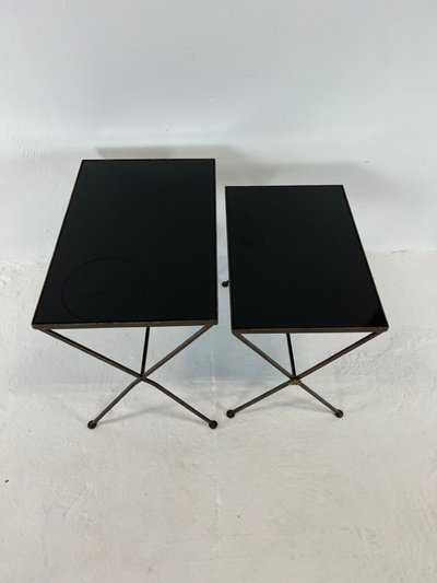Modernist nesting tables made of metal and black glass, 1950s
