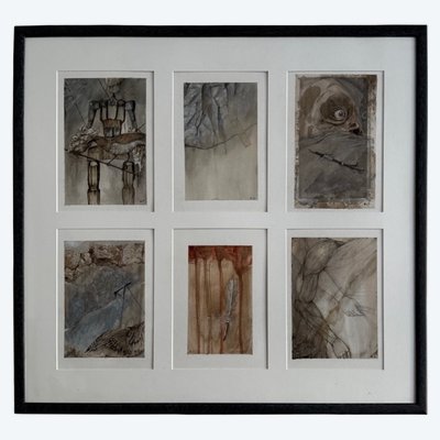 Serie von 6 surrealistischen Aquarellzeichnungen von Roland Deville, 20. Jahrhundert