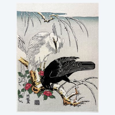 Da Isoda Koryūsai – Airone bianco e corvo sotto la neve – riedizione Adachi
