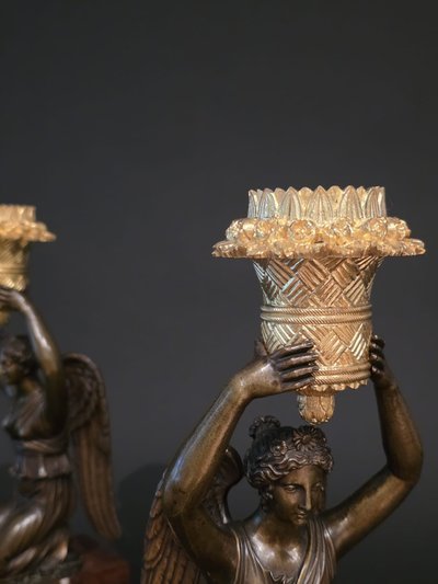 Pierre Chiboust, Pair of candlesticks signed with winged victory figures, Empire period.