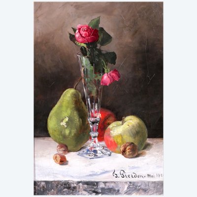 François Pierdon, 1821–1904, *Still Life with Roses and Fruit*, oil on canvas, 1884, Impressionism