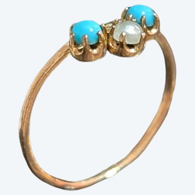 Bague antique en or 18k avec cabochon de turquoise & perle en verre CIRCA 1900 enfant premier bijou