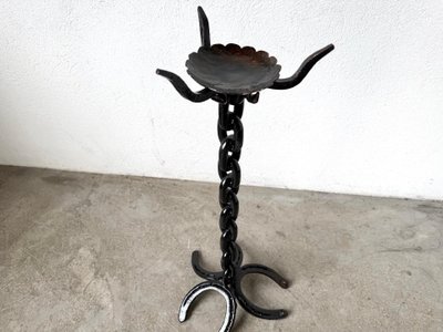 Large wrought-iron floor candlestick, folk art, circa 1900