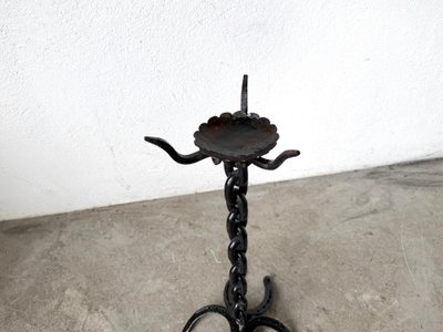 Large wrought-iron floor candlestick, folk art, circa 1900