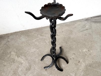 Large wrought-iron floor candlestick, folk art, circa 1900
