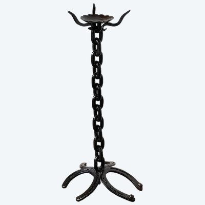 Large wrought-iron floor candlestick, folk art, circa 1900