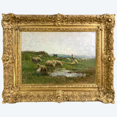 PAINTING / 19th-CENTURY OIL ON CANVAS BY A. PREVOT .VALERI (SHEPHERDESS AND HER FLOCK)