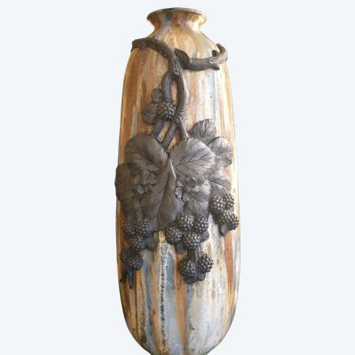 Important vase en  Grès émaillé à coulures nuancées signé Roger Guérin Bouffioux XXeme