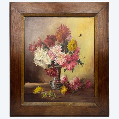 Natura morta con crisantemi – olio su tela firmato Mme de Lavillaine 60x50 cm