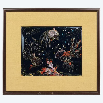 René Bonhomme – Émaux de Limoges – Poissons – Plaque émaillée XXe siècle