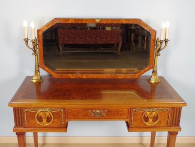 Louis XVI-style dressing table in mahogany, Amboina burl, and gilded bronze, circa 1900