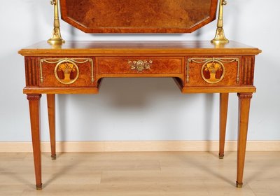 Louis XVI-style dressing table in mahogany, Amboina burl, and gilded bronze, circa 1900