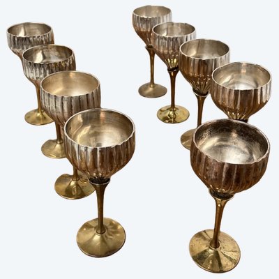 9 bicchieri d'epoca in metallo argentato e ottone
