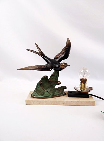 Lampada da notte in stile Art Déco di Hirondelle, con regolazione su base in marmo, primi anni del XX secolo