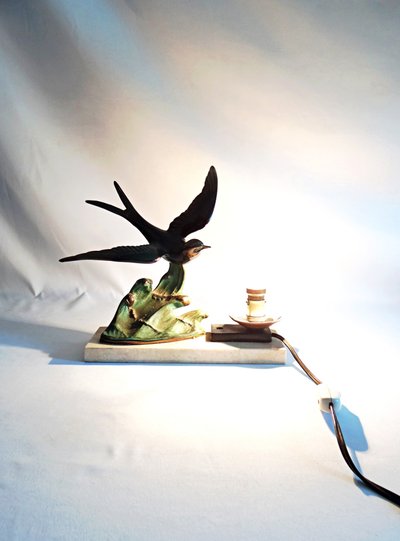 Lampada da notte in stile Art Déco di Hirondelle, con regolazione su base in marmo, primi anni del XX secolo