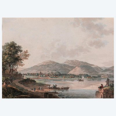 Johann Ludwig ABERLI 1723-1786 Yverdon, Svizzera, Neuchâtel, disegno paesaggistico, dipinto