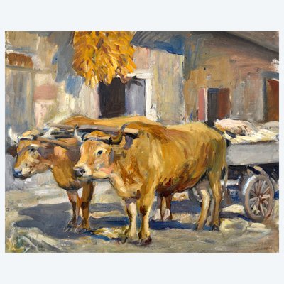 JONAS Lucien Hector (1880-1947) " Boeufs tirant une charrette "  Anzin Paris 