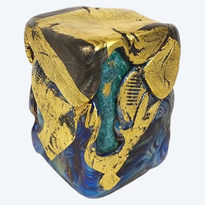 Compression sculpture presse-papier Jean-Claude Novaro verre feuilles d'or