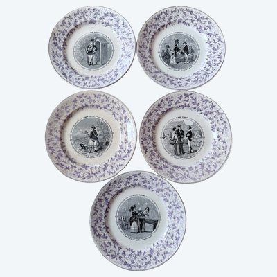 5 antique “Le Monde renversé” talking plates – Jules Vieillard & Cie, Bordeaux – 19th century