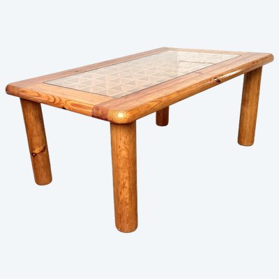 Skandinavischer Couchtisch aus massivem Kiefernholz und Glas, 70er Jahre