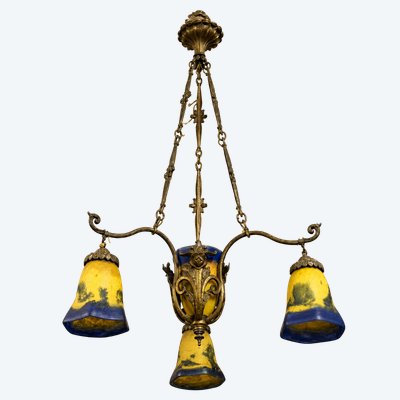 Lustre Art Nouveau en bronze et pâte de verre – 4 tulipes signées Lafite à Reims – Vers 1900 