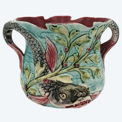 VASO DA FIORI IN BARBOTINA d'epoca con decorazioni di pesci e flora marina, XIX secolo