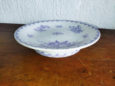 GIEN CUP on a Flat Footed Antique Faience Cookie Plate with Floral and Purple Bird Motif, "LISERONS" Model