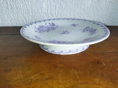 GIEN CUP on a Flat Footed Antique Faience Cookie Plate with Floral and Purple Bird Motif, "LISERONS" Model