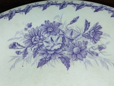 GIEN CUP on a Flat Footed Antique Faience Cookie Plate with Floral and Purple Bird Motif, "LISERONS" Model
