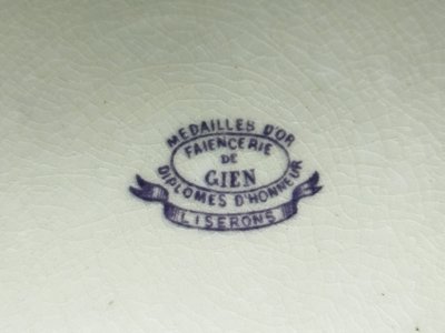 GIEN CUP on a Flat Footed Antique Faience Cookie Plate with Floral and Purple Bird Motif, "LISERONS" Model