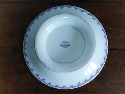GIEN CUP on a Flat Footed Antique Faience Cookie Plate with Floral and Purple Bird Motif, "LISERONS" Model