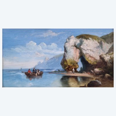 Charles Joseph KUWASSEG (zugeschrieben) – Küste nahe Klippen mit einem Boot