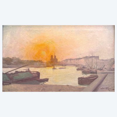 Henri Royet (1850-1918) - Coucher de Soleil sur la Seine, Notre Dame de Paris, circa 1900