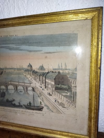 PAIR OF OPTICAL VIEWS FROM THE 18TH CENTURY PARIS PARISIAN BRIDGES TUILERIES CASTLE ISLE SAINT LOUIS
