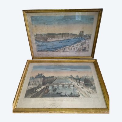 PAIR OF OPTICAL VIEWS FROM THE 18TH CENTURY PARIS PARISIAN BRIDGES TUILERIES CASTLE ISLE SAINT LOUIS