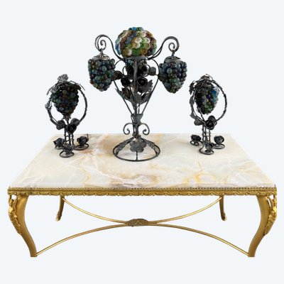 Chandelier with three lights, made of bronze and polychrome Murano glass, 20th century