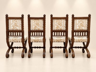 Set of 4 High Period Renaissance Chairs Carved Walnut 19th Century