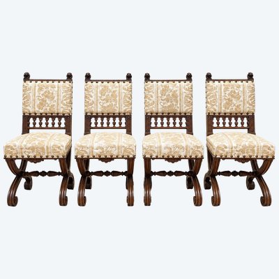Set of 4 High Period Renaissance Chairs Carved Walnut 19th Century